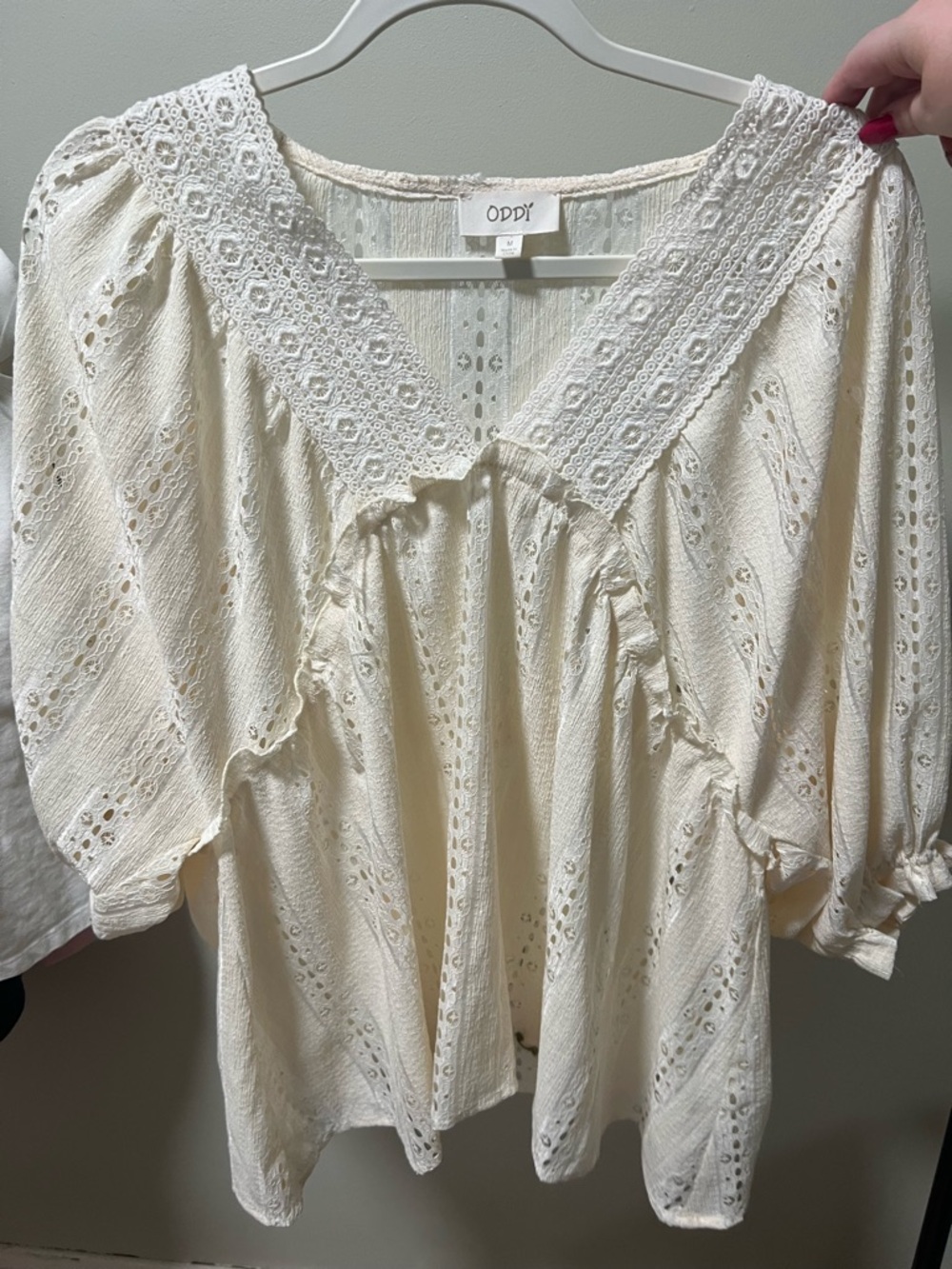 ODDI Cream Lace-Trim Peasant Blouse